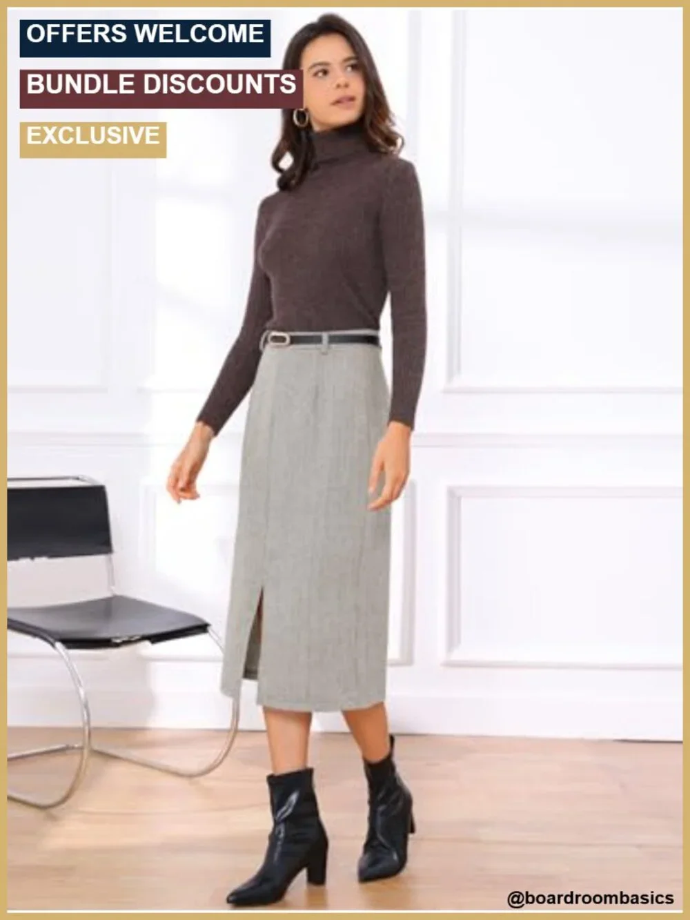 High Waisted Midi Pencil Skirt with Belt and Side Slit